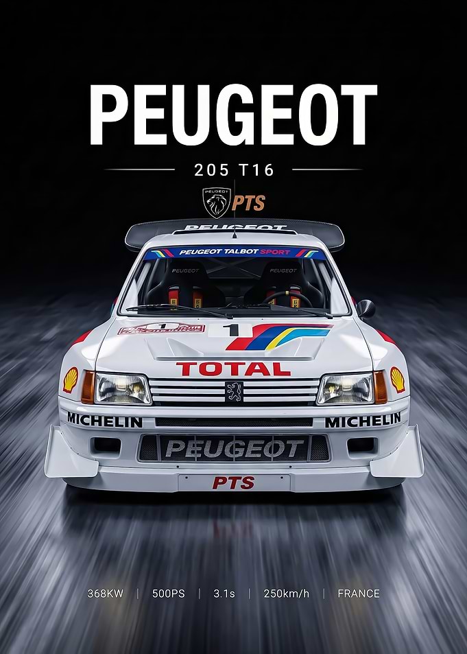 sleek Peugeot 205 T16 Rally Car Poster