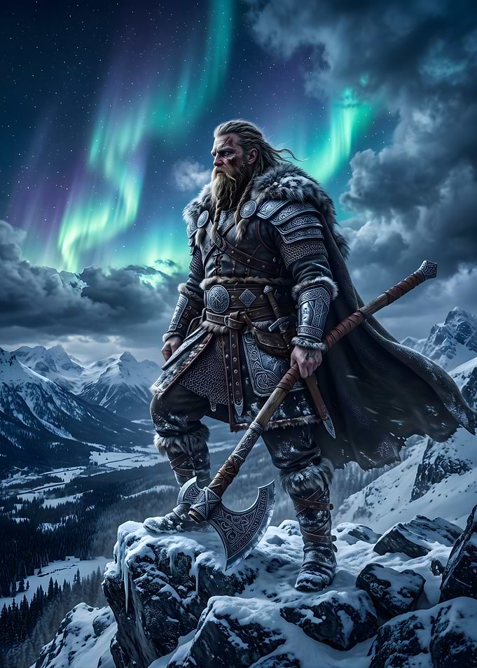 Viking Warrior Under Northern Lights