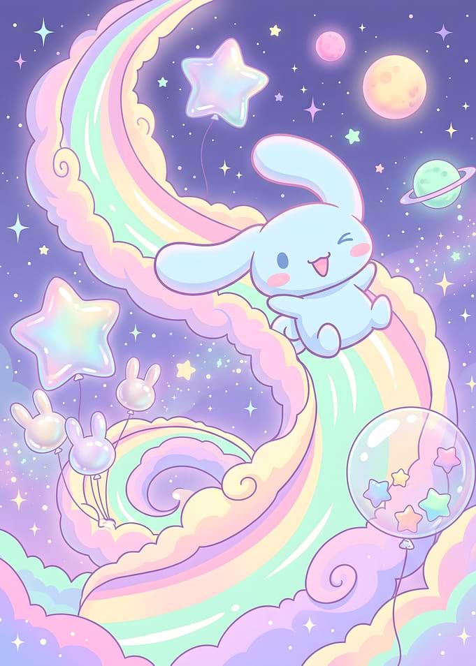 Cinnamoroll Sliding Down a Pastel Rainbow