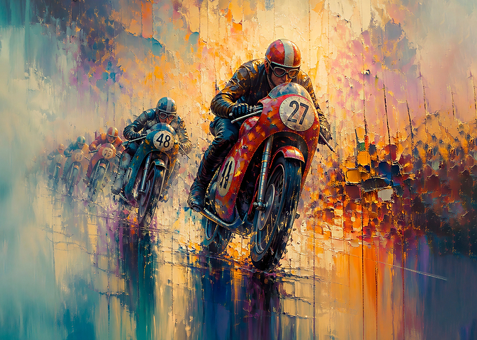 Vintage Motorcycle Racing Oil Painting