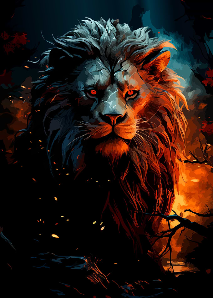 Fiery Lion in Dark Forest