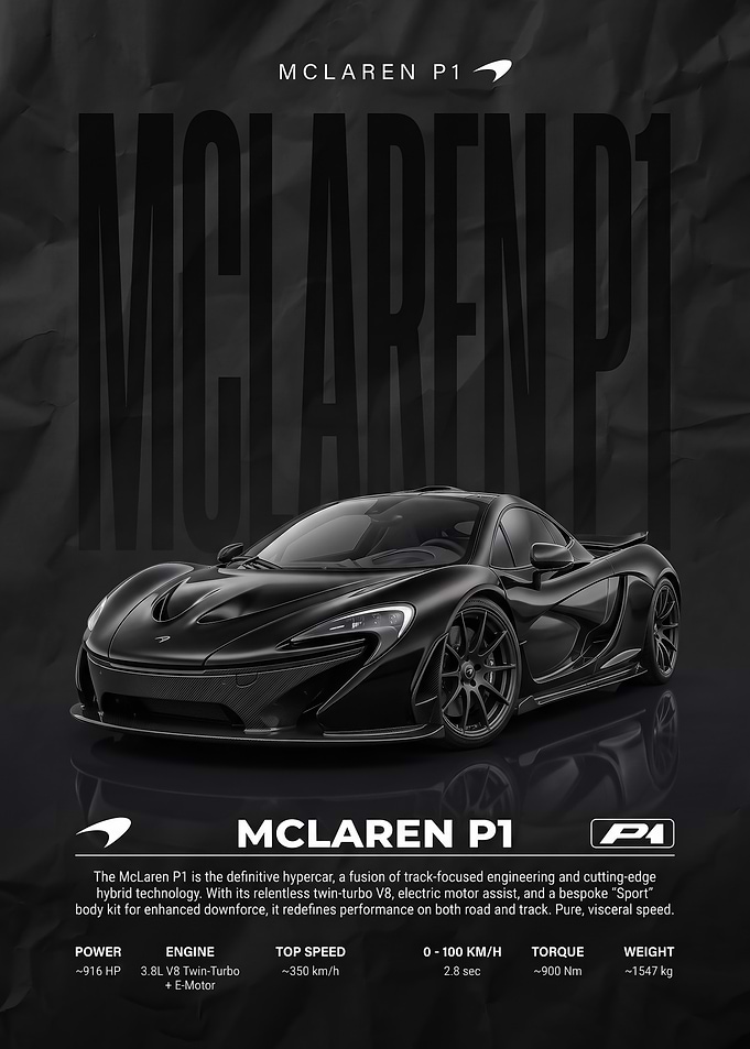 black sleek McLaren P1 Hypercar Specification Poster