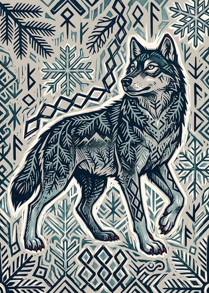 Nordic Wolf with Runes and Snowflakes