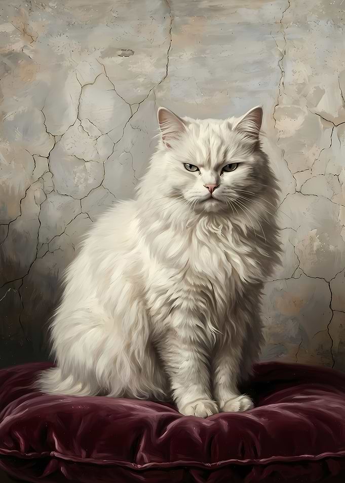 Regal White Cat on Velvet Cushion