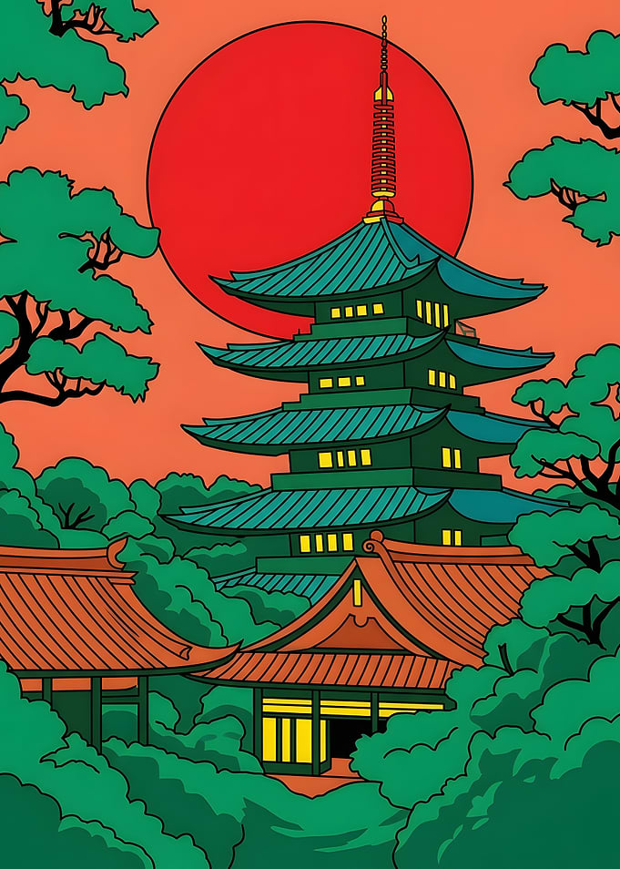Japanese Pagoda at Sunset Illustration