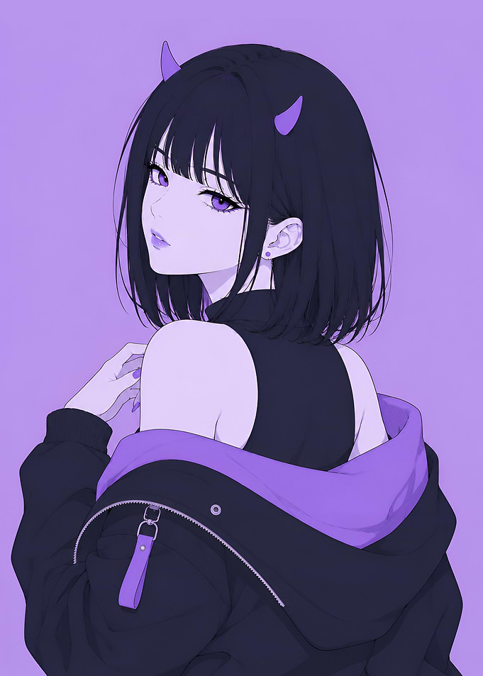 Anime Demon Oni Girl with Purple Devil Horns
