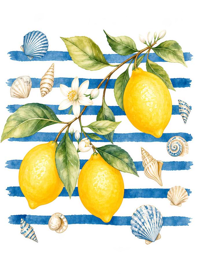 Watercolor Lemons and Seashells Illustration