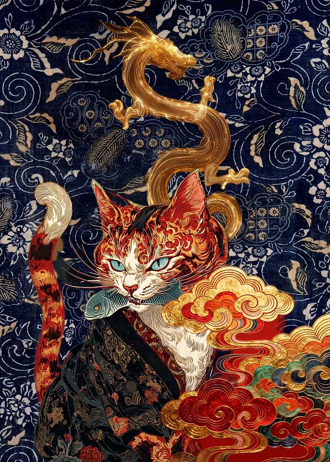 Calico Cat with Dragon and Fish