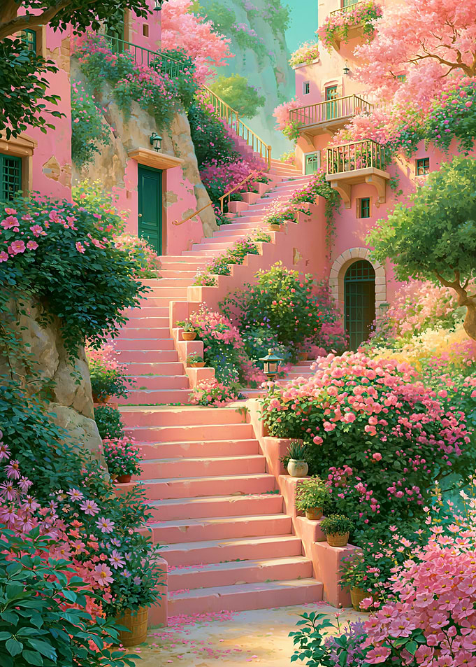 Pastel Garden Stairway in a Blooming Mediterranean Village