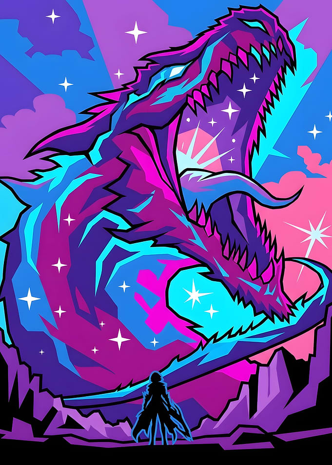 Neon Dragon and Warrior Silhouette