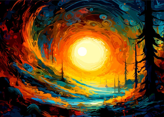Vibrant Abstract Swirling Sun Landscape