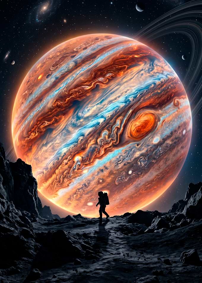 Astronaut Standing on Moon Before Jupiter