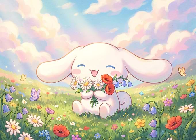 Cinnamoroll Holding Flowers in Meadow