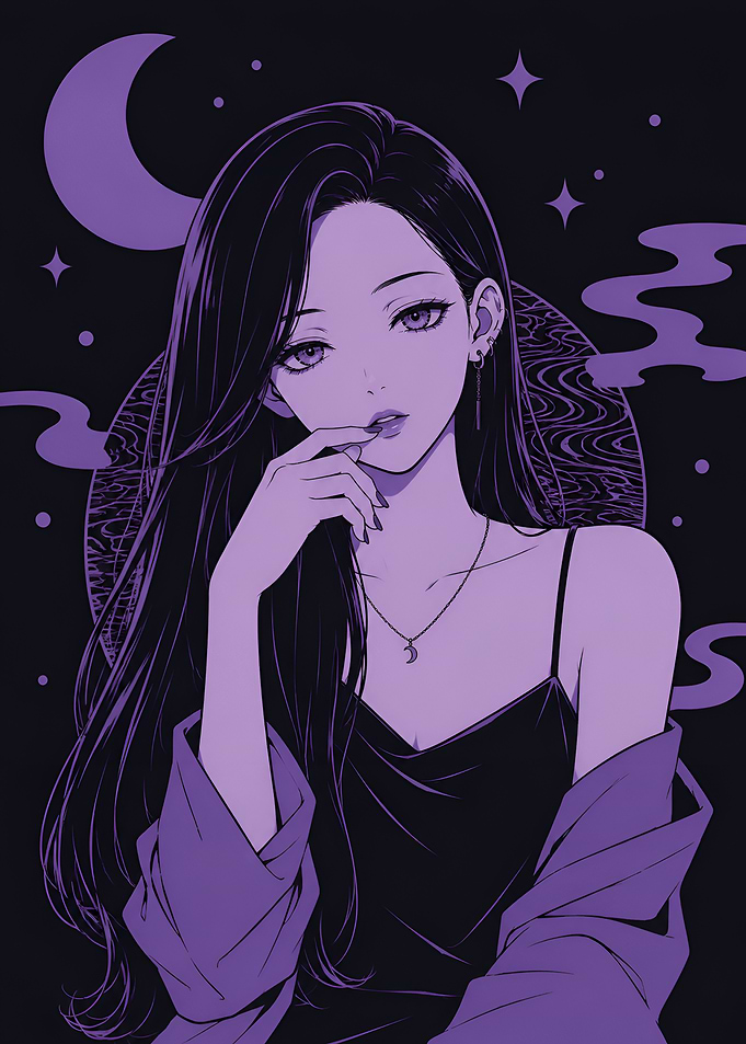Anime Girl with Purple Moon Aesthetic