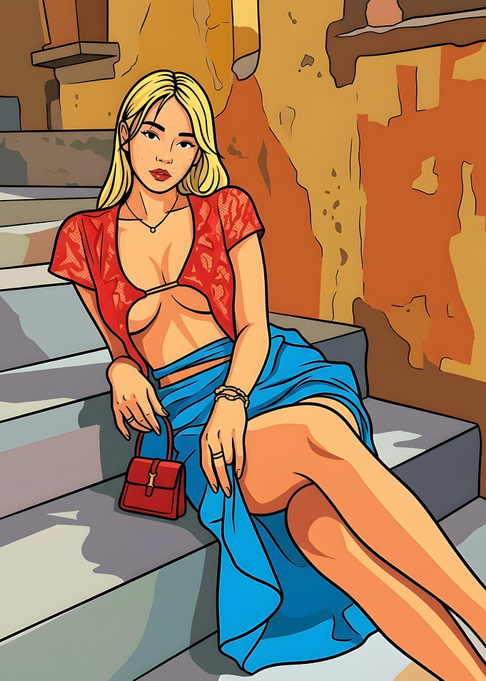 Stylish Blonde Woman Sitting on Stairs