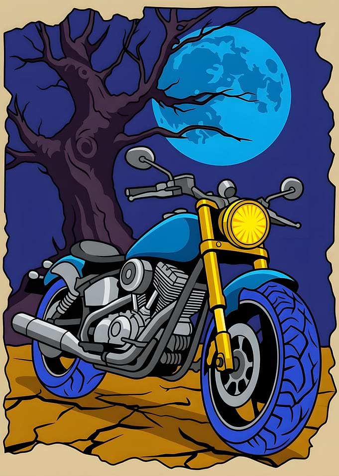 Blue Motorcycle Under Full Moon