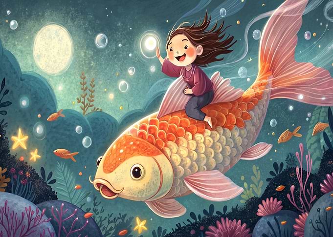 Girl Riding a Giant Koi Fish