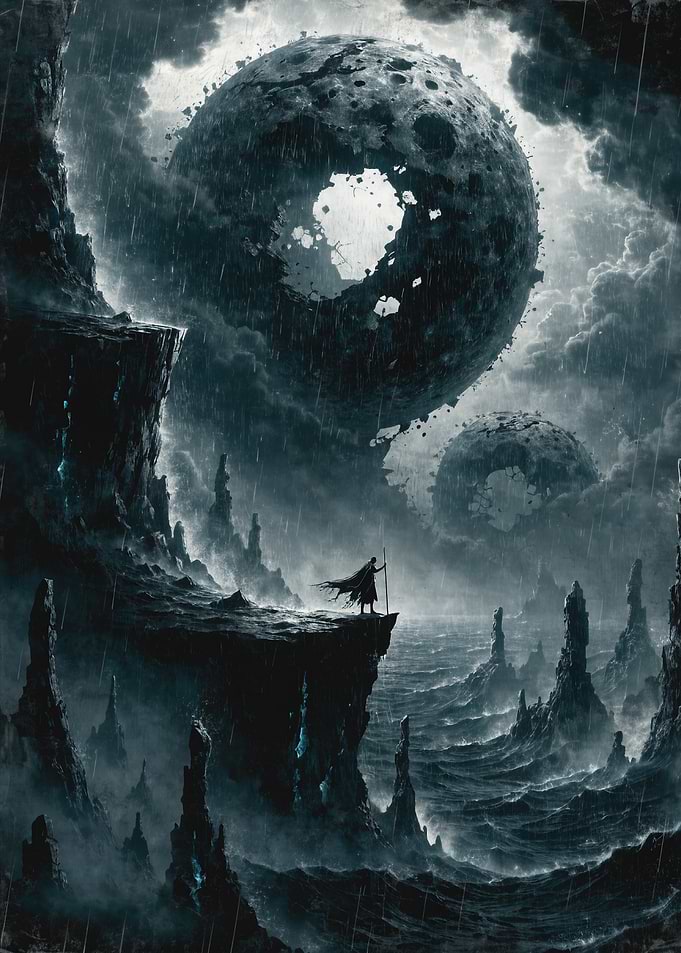 Lone Traveler Under Shattered Moons