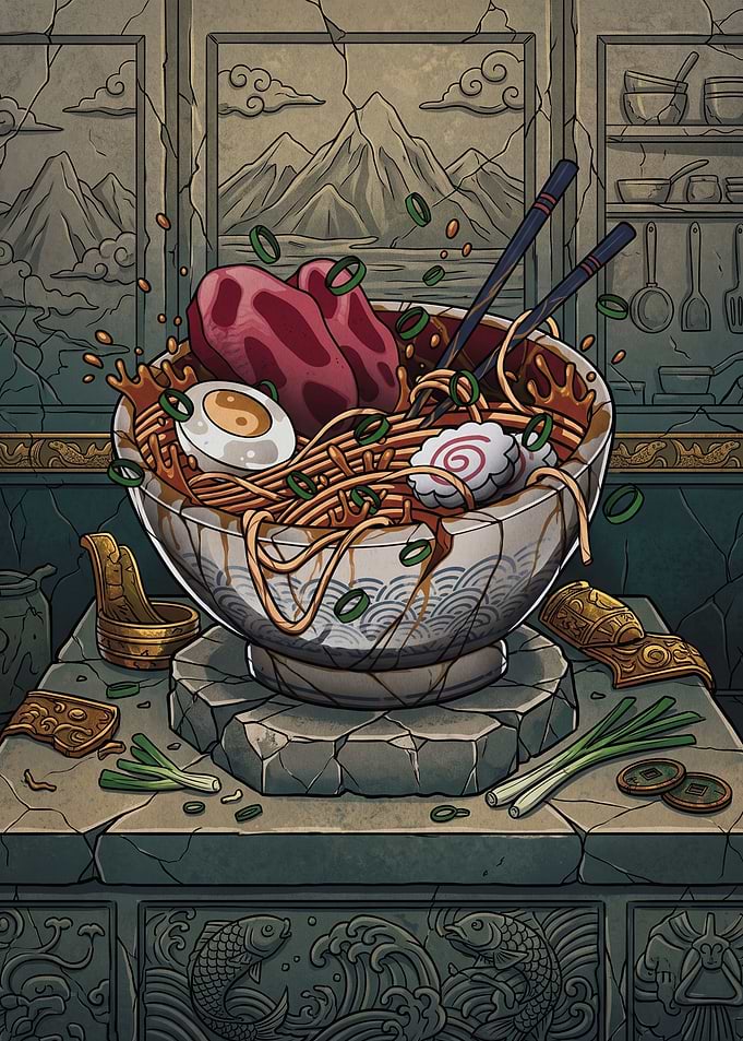 Ancient Stone Ramen Bowl Illustration