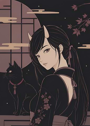 Anime Girl with Horns and Cat