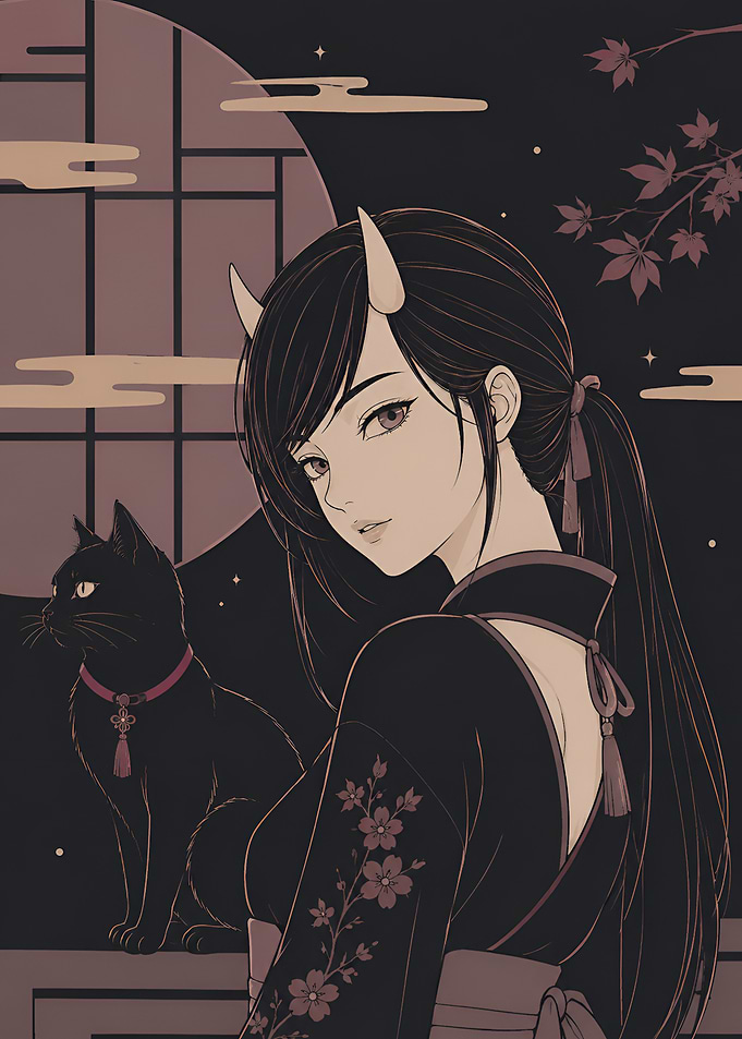 Anime Girl with Horns and Cat
