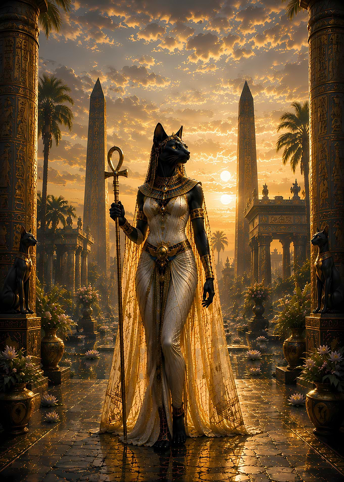 Egyptian Goddess Bastet in Golden Temple