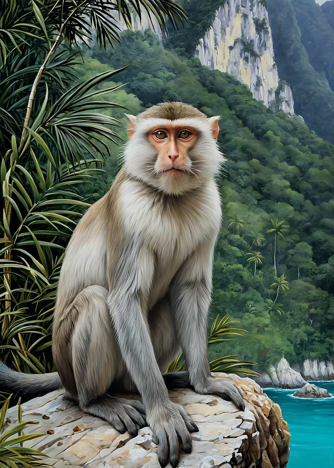 Monkey Sitting on Tropical Cliff