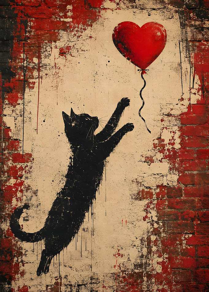 Black Cat Reaching for Heart Balloon