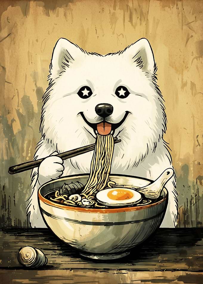 Cute Dog Eating Ramen Noodles