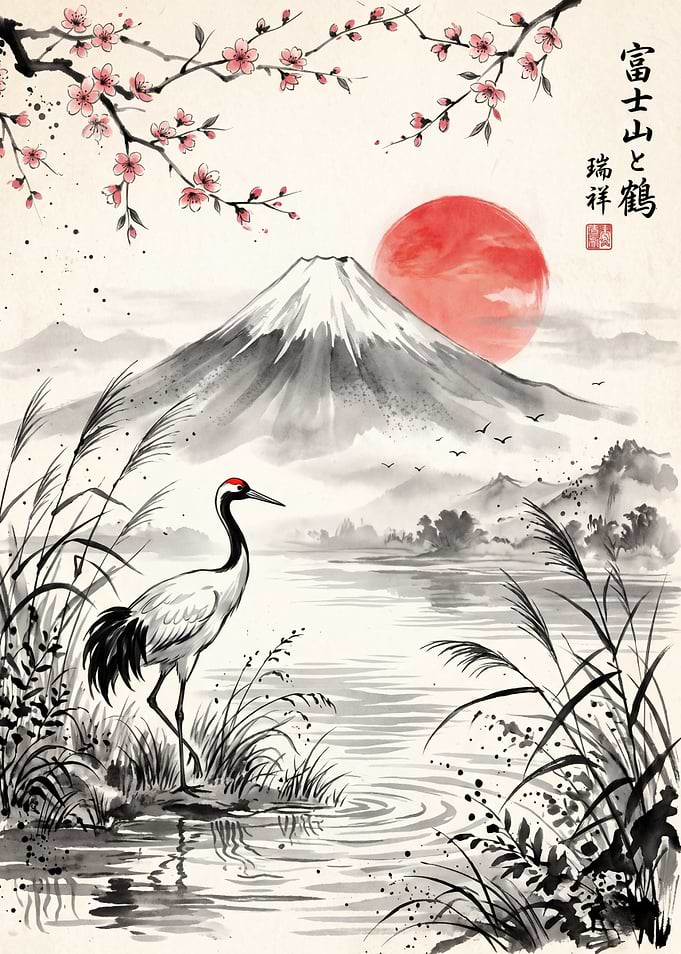 Mount Fuji and Crane Ink Wash