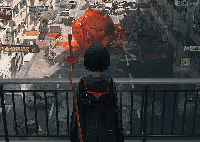 Anime Girl Facing Red Alien Entity