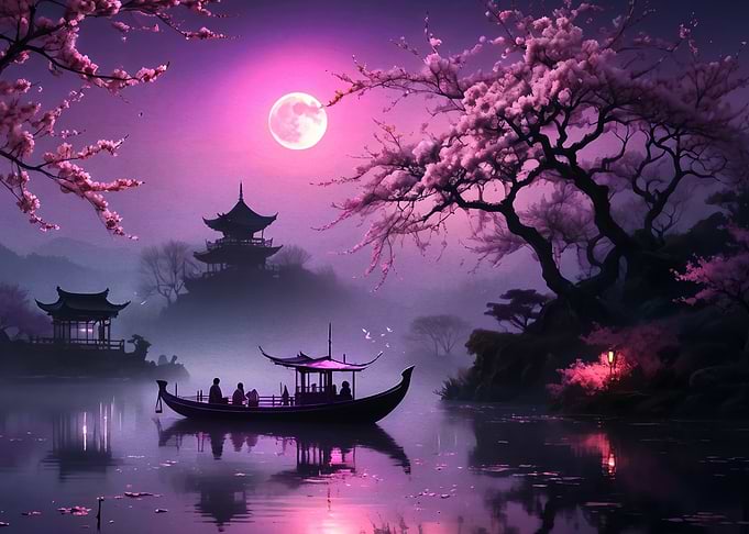 Serene Night Boat on Moonlit Lake
