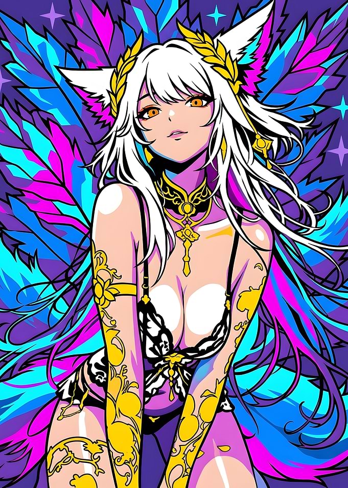 Neon Anime Fox Girl Illustration