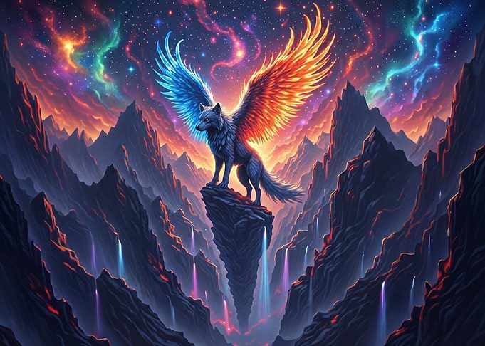 Winged Wolf in Cosmic Landscape