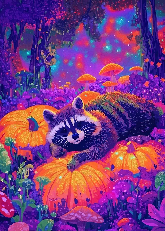 Psychedelic Raccoon in Enchanted Forest