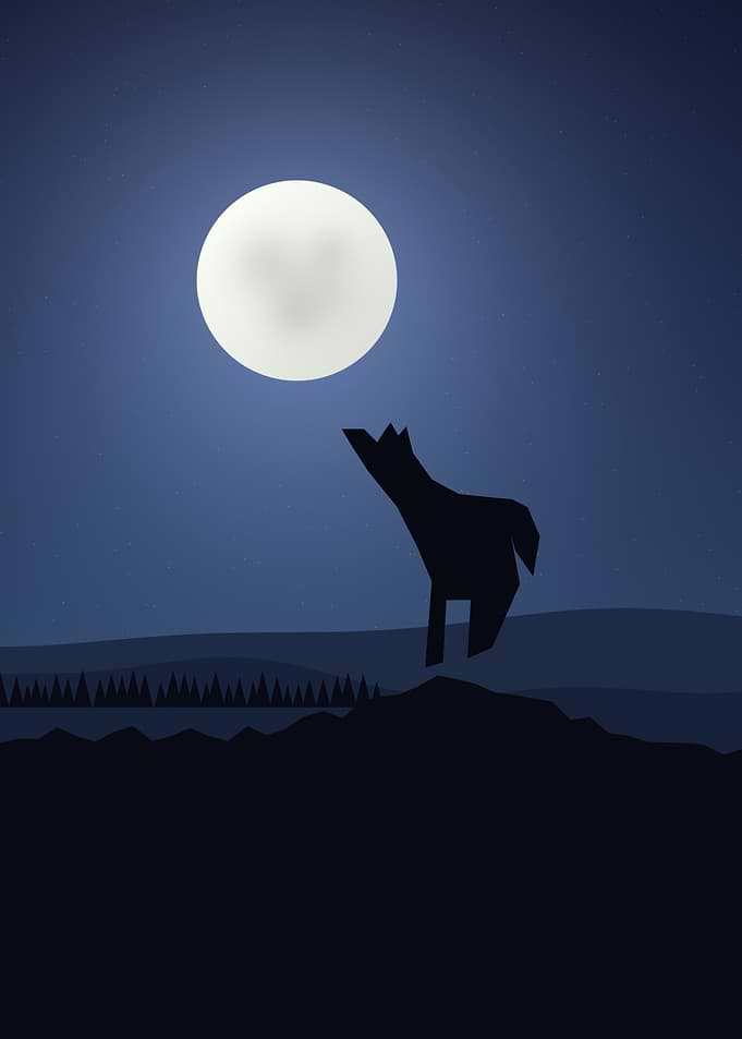 Wolf Howling at the Moon - Minimalist Moonlit Night