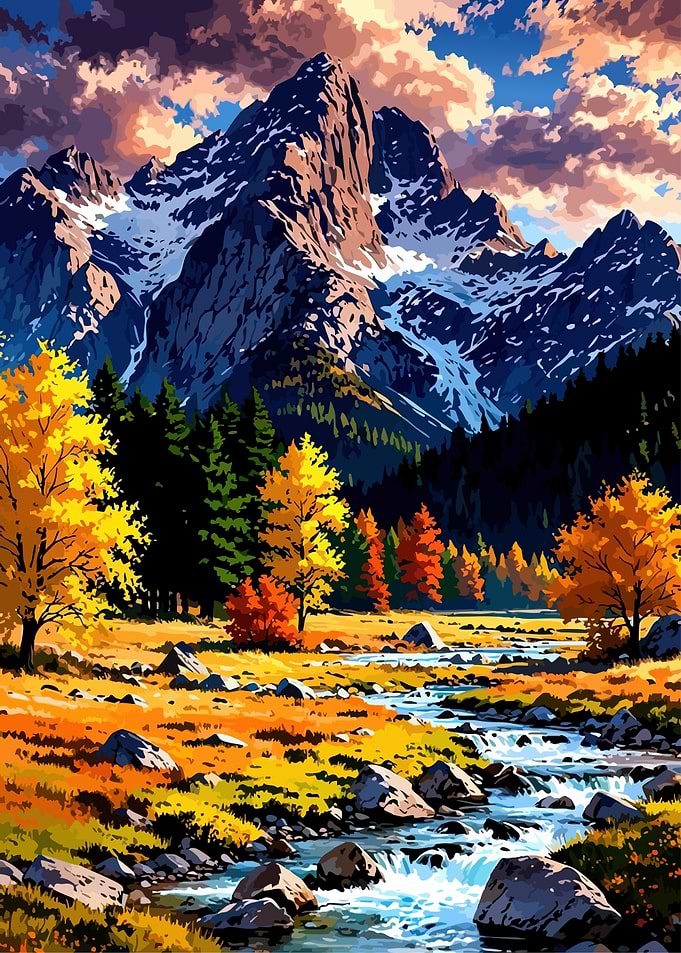Autumn Mountain Landscape with River