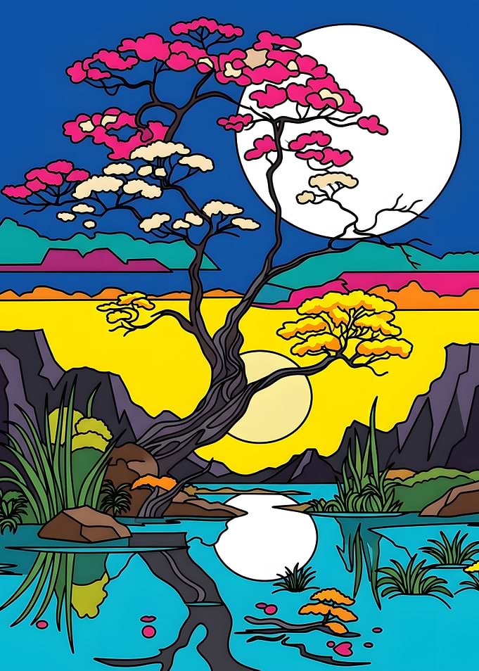 Vibrant Stylized Bonsai Landscape Art