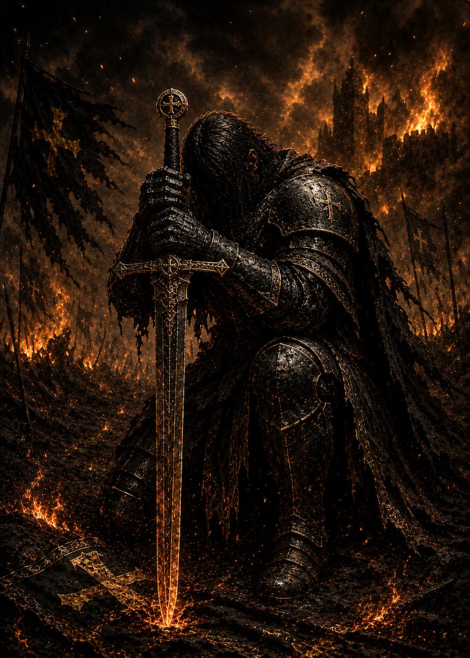 Kneeling Knight in Fiery Battlefield