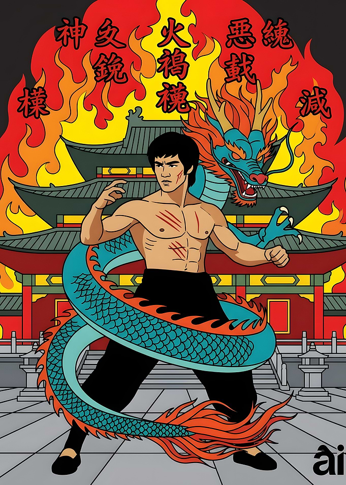 Bruce Lee with Dragon Illustration