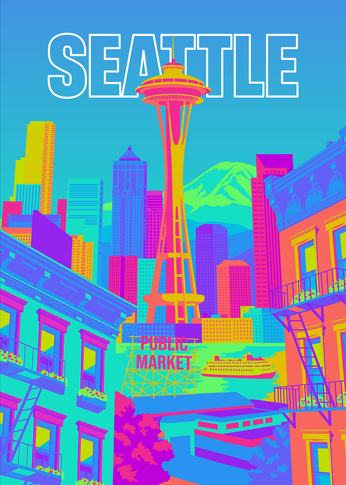 Vibrant Pop Art Seattle Skyline Poster