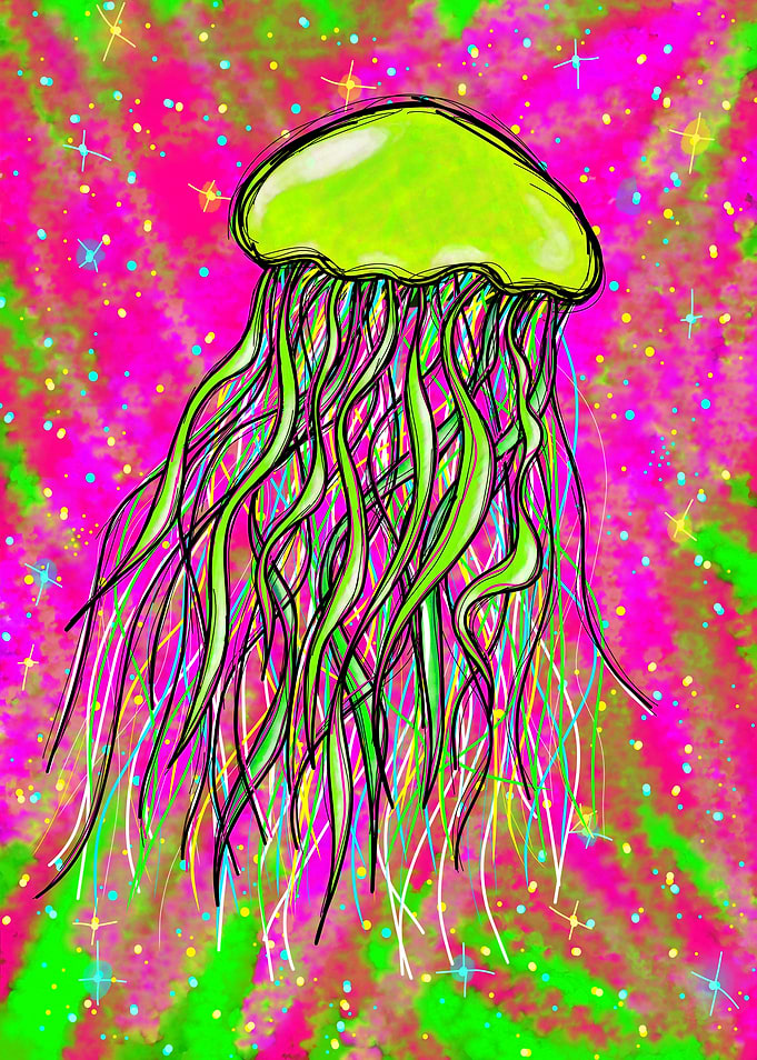 Neon Jellyfish Psychedelic Ocean Digital Art Illustration