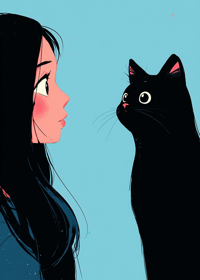 Girl and Black Cat Illustration