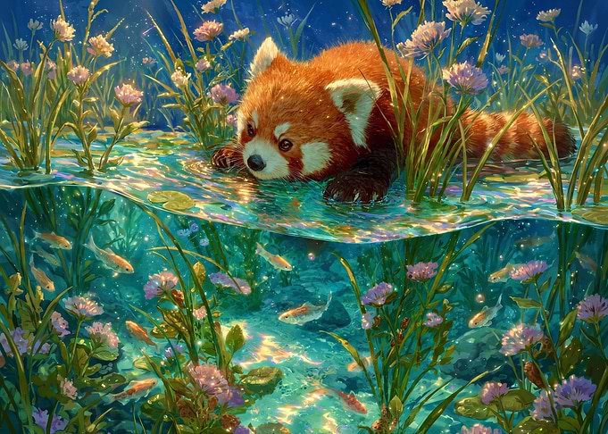 Red Panda in Magical Pond