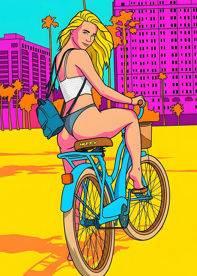 Blonde Woman Riding Blue Huffy Bicycle