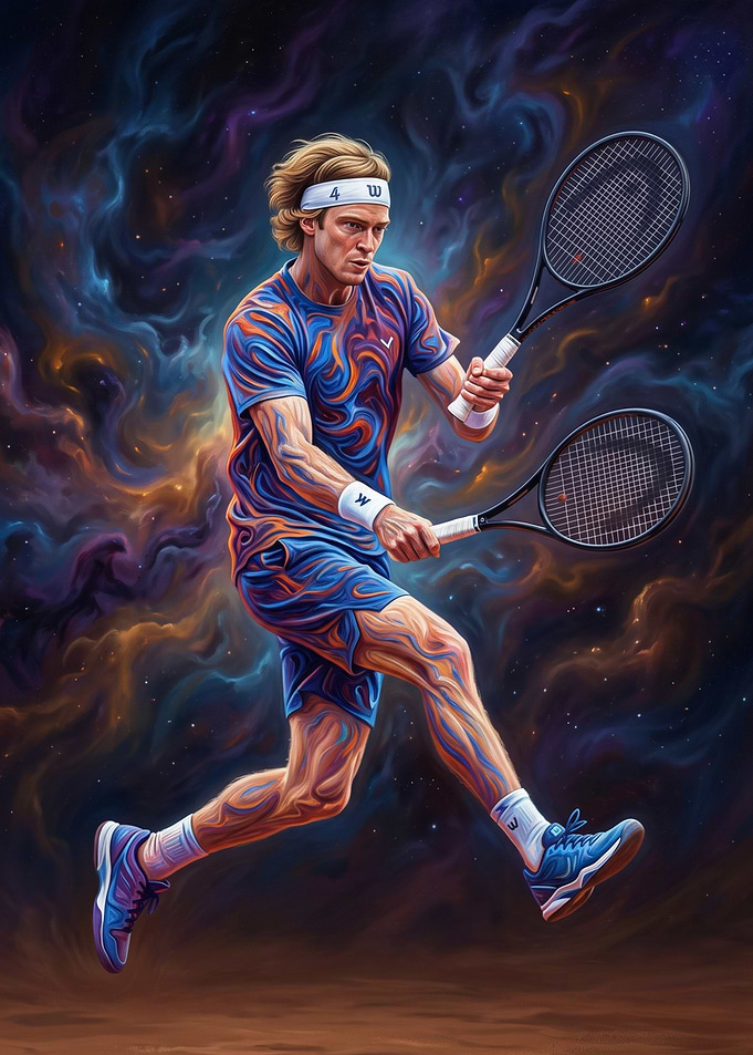 Cosmic Tennis Player in Motion