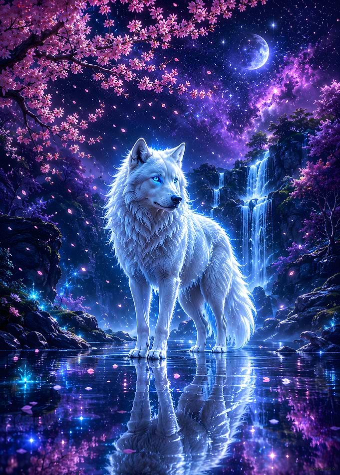 Mystical White Wolf in Enchanted Forest