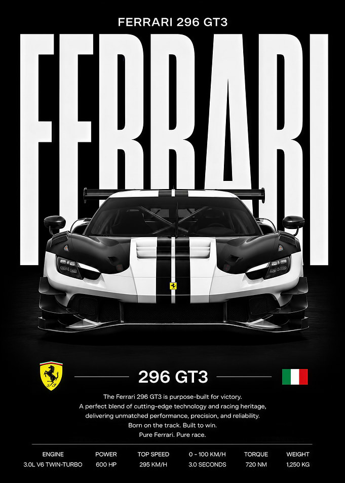 Black and White Ferrari 296 GT3 Racing Car Poster