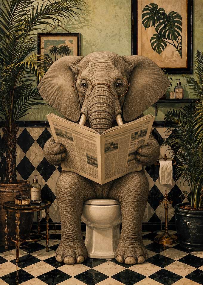 Elephant Reading Newspaper on Toilet