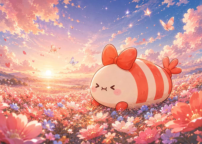 Cute Shrimp Sushi Character in Meadow
